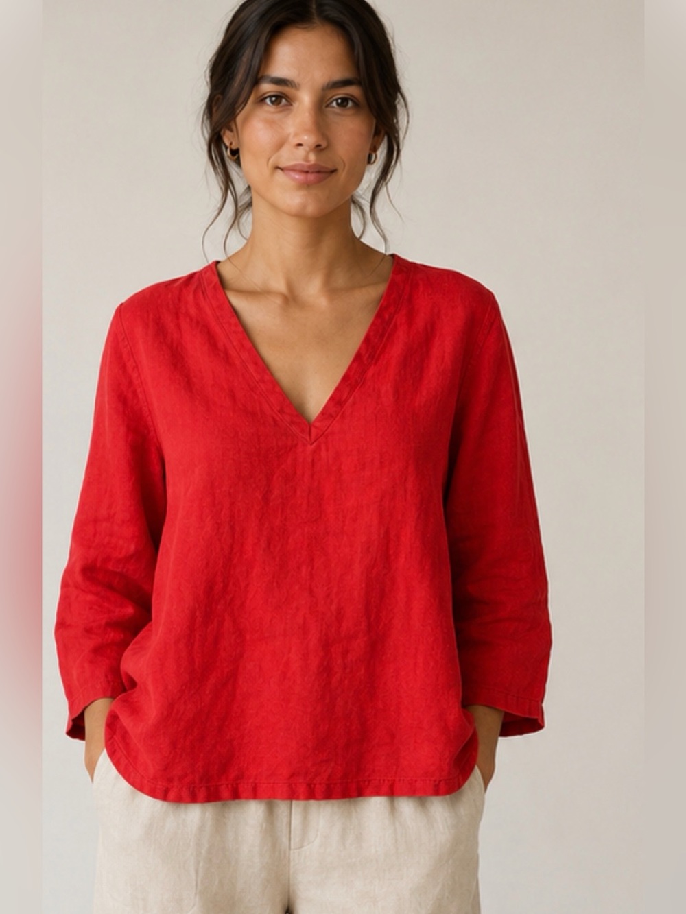 FLAX Red Linen V-Neck Pullover Top L Relaxed Fit Artisan Boho